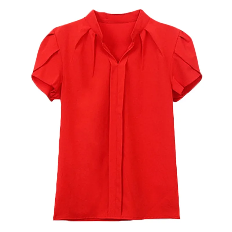 Women V Neck Chiffon Blouse Short Sleeve Solid Color Shirt Large Sizes Bodycon Elegant Ladies Autumn Fashion Shirt