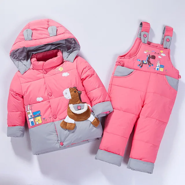 Зимний комбинезон для малышей, Детский комплект с курткой на утином пуху, штаны и куртка, Детская куртка для девочек - Цвет: Dog pink