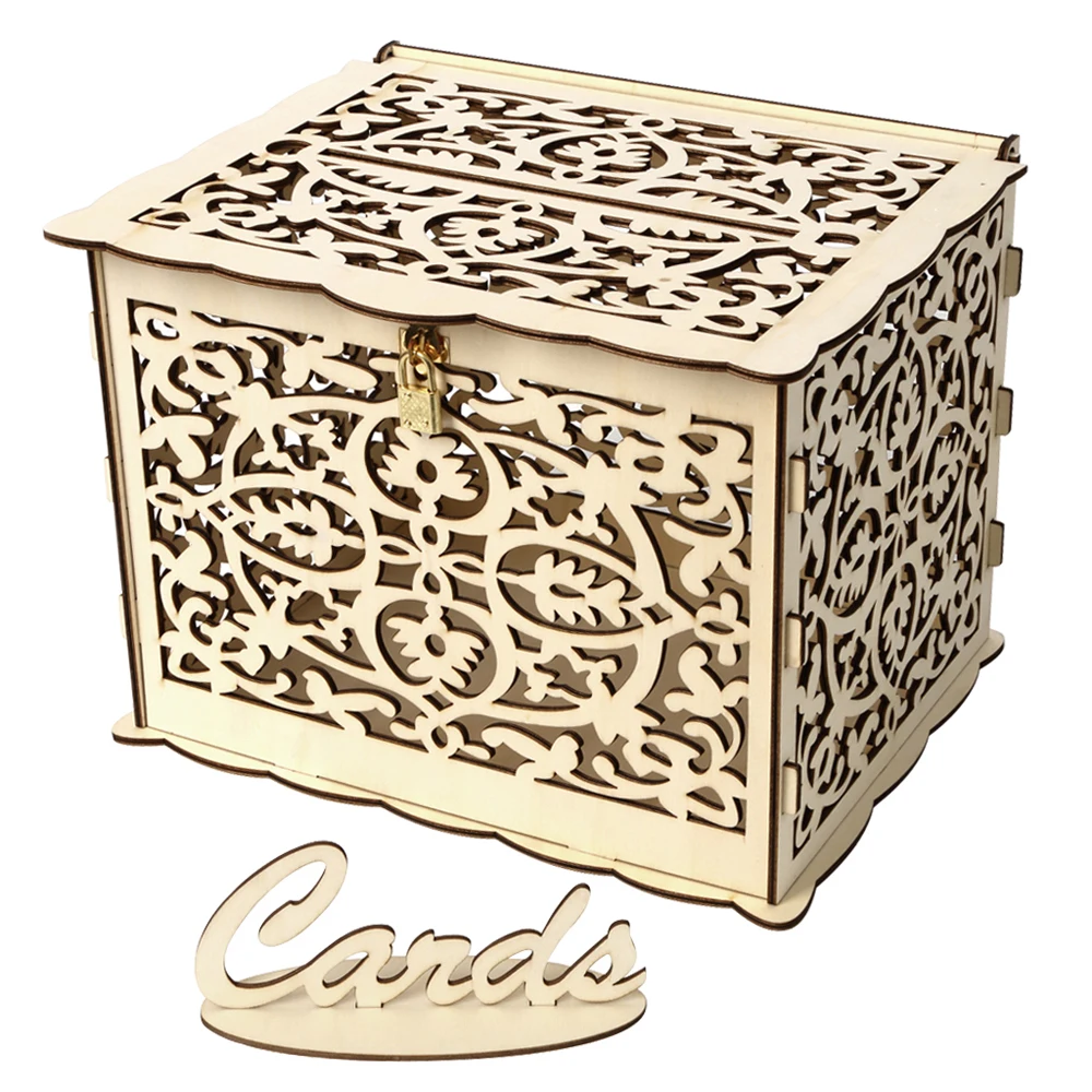

DIY Hollow Flower Wedding Wooden Card Box Gift Money Box with Lock Beautiful Wedding Decoration Birthday Party Supplies