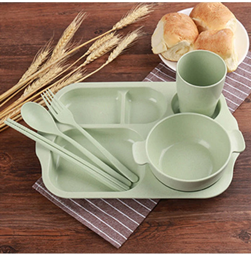 Conjunto de Placa de Alimentação Bandeja do Bebê Comida da Criança Pratos com Garfo Crianças Louça Trigo Palha Recipiente Colher Utensílios T0529 11 High Quality Mamãe e Bebê