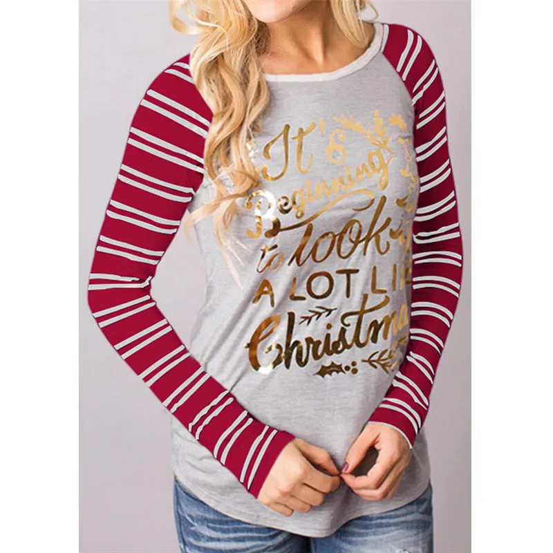 

2019 New Christmas T Shirt Women Red Striped Long Sleeve Patchwork Tee Camisetas Femininas Ropa Mujer Camisetas
