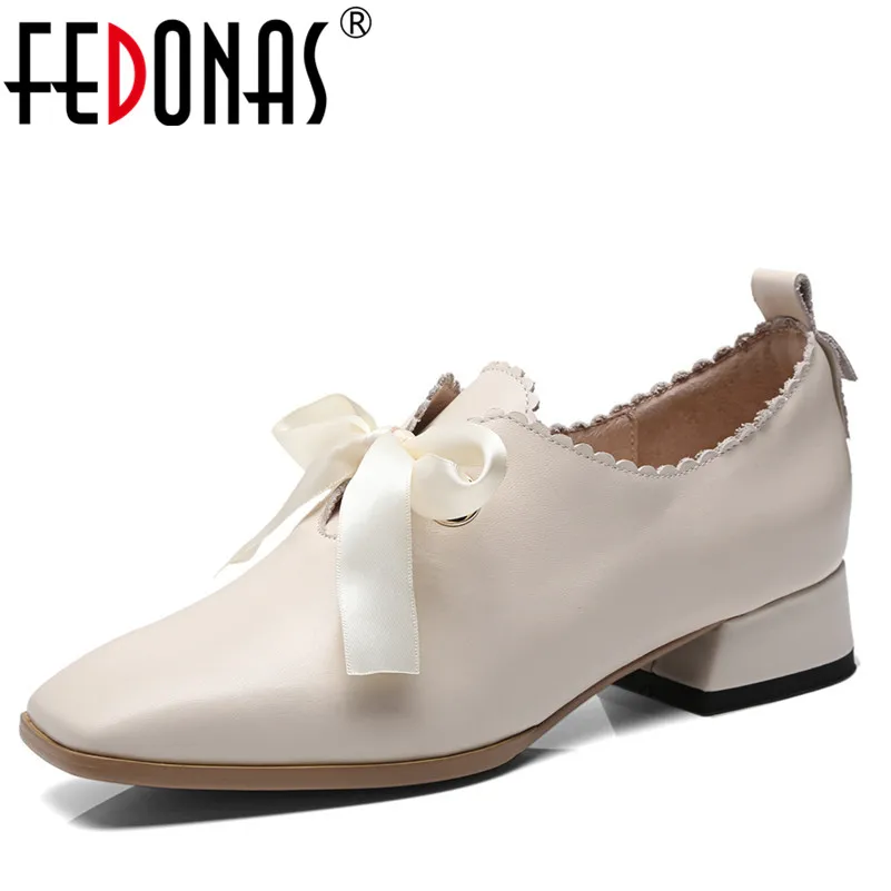 

FEDONAS Brand Women Pumps High Heels Genuine Leather Shoes Dress Square Toe Party Pumps Ribbons Bowtie Wedding Shoes Woman