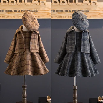 

3 pieces baby girls clothing set coat +tutu ball gown dress+hat autumn winter fashion children costume 2017 plaid