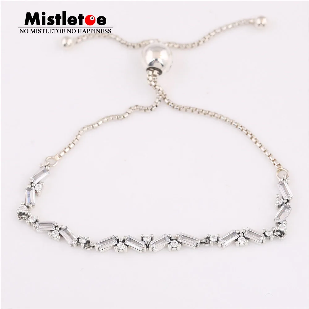 Омела подлинный 925 пробы Серебряный ледяная красота скользящий браслет, прозрачный CZ Fit Eurpeon ювелирные изделия