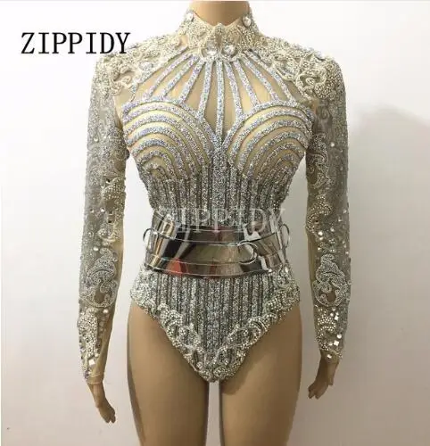 bodysuit women Silver Glisten Rhinestones Long Sleeves Leotard Belt Outfit Dj Singer Performance Bar Party Celebrate Luxurious Costume Bodysuit white bodysuit Bodysuits