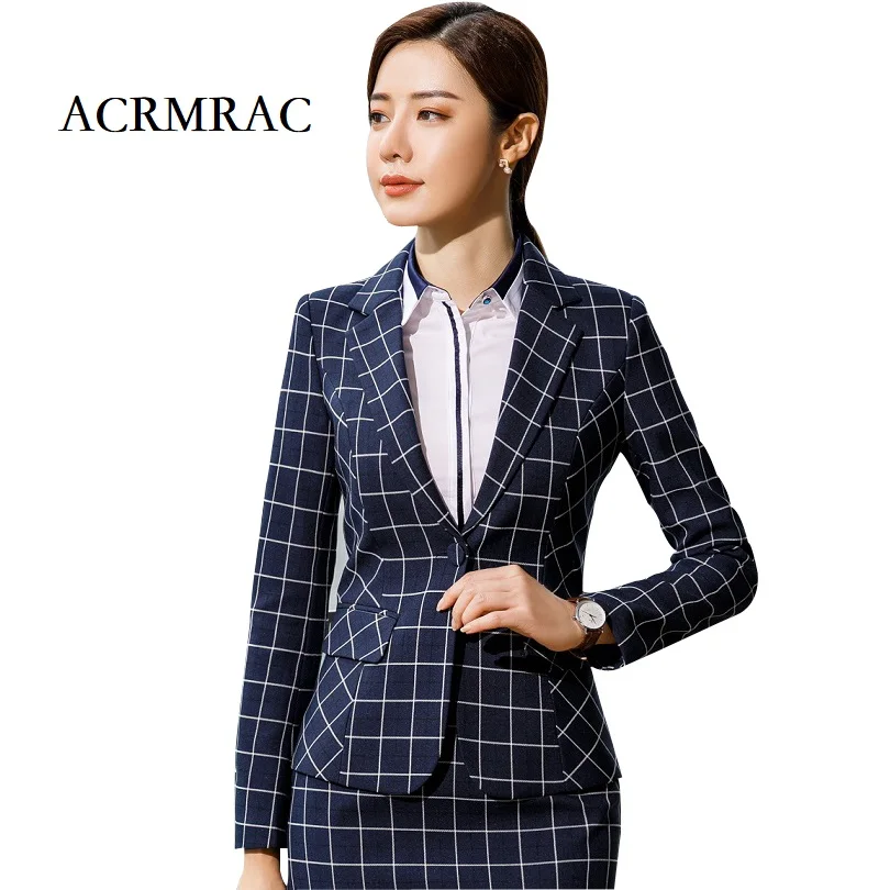 ACRMRAC Women suits Slim Plaid Thick section jacket Pants 2 piece set