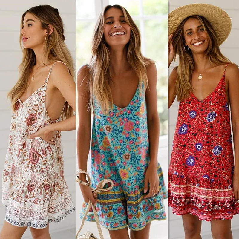 

New Travel Vacation Print Bohemian Dresses Casual Loose Ruffles Beach Dress with Plus Size Womenswear Swimsuit Cover Up
