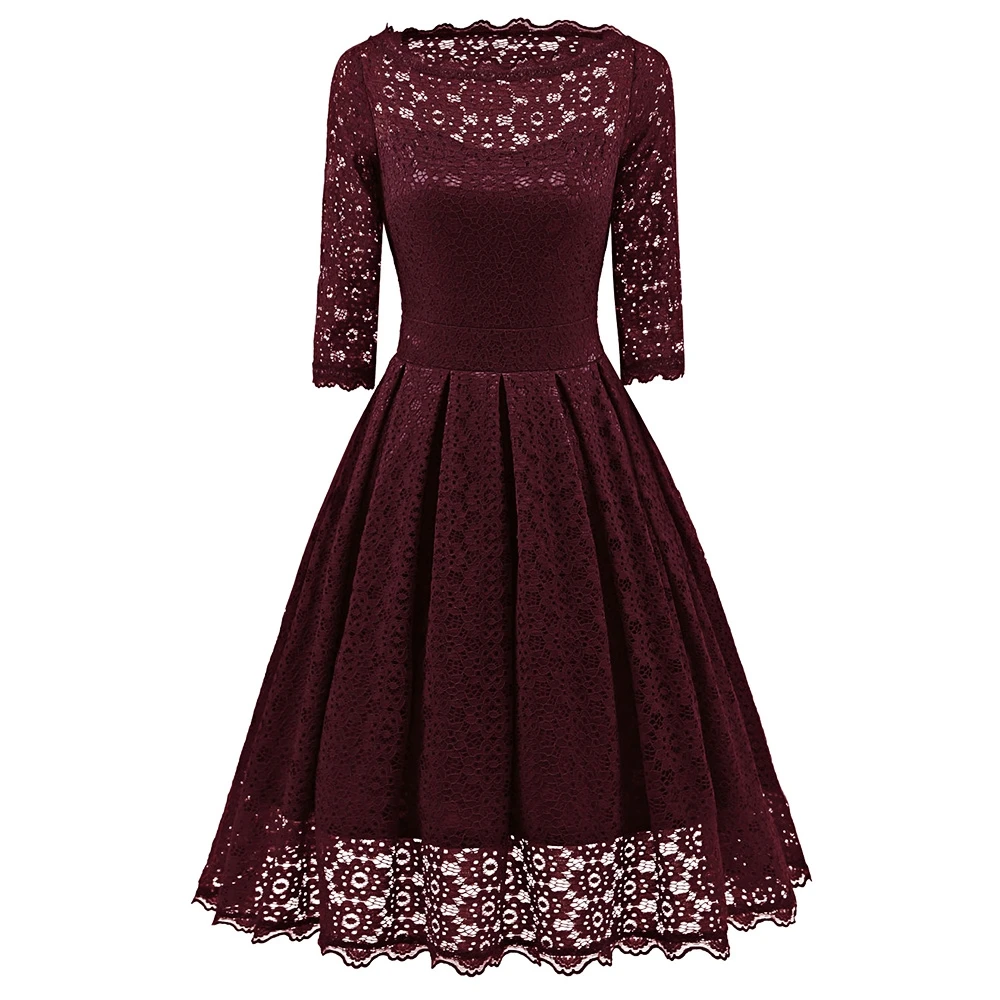 Women Floral Lace Dresses 3/4 Sleeve Casual Solid Color 4 Colors Party Elegant A Line Dress