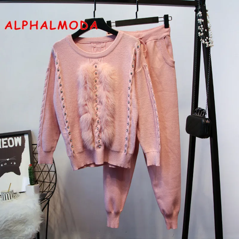 ALPHALMODA роскошный женский комплект из натурального Лисьего меха с шипами, свитер с длинными рукавами+ штаны, комплект из двух предметов, Женский стильный комплект одежды