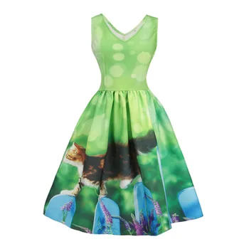 

Women Dress Ball Gowns Nice Plus Size 4XL Nice Sleeveless V Neck Floral Printing Evening Party Dress Empire Sashes Mid-Calf