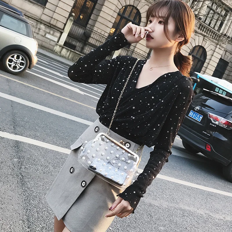 Hot 2019 Brand Fashion Shoulder Bag Pearl Beaded Crossbody Bag Wild Transparent Jelly Chain Bags For Women PU Small Square Bags