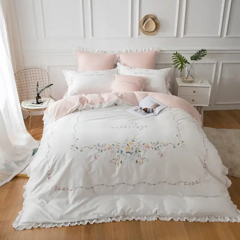 エジプト綿の寝具セット白刺繍布団カバーフラットシート枕カバー King Queen Size Cotton Bedding Setbedding Set Aliexpress