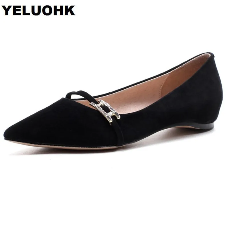 

2018 Brand Suede Leather Shoes Women Flats Rhinestone Slip On Ladies Shoes Pointed Toe Female Shoes Spring Black High Quality