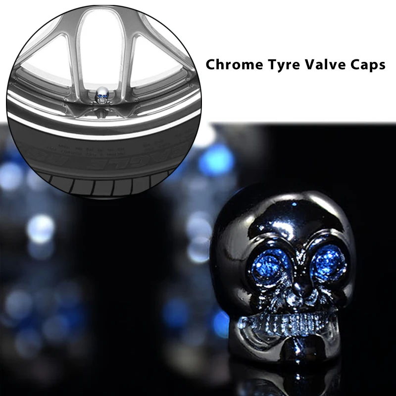 4x Aluminium Luxury Chrome Skull Tire Tyre Valve Caps Dust Covers Stem