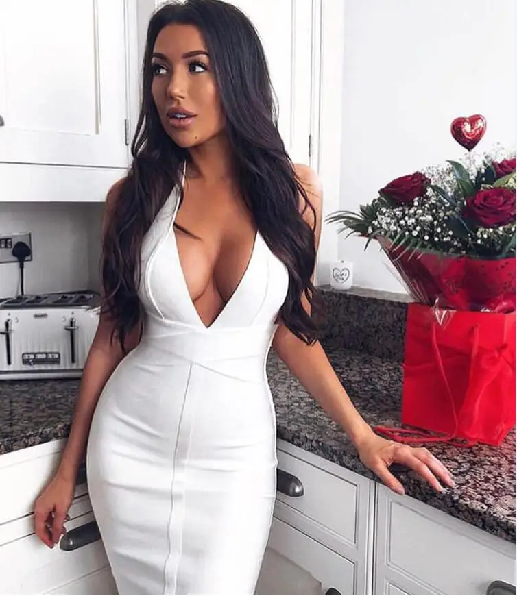 

Top Quality White V-neck Sleeveless Rayon Bandage Dress Homecoming Party Sexy Dress