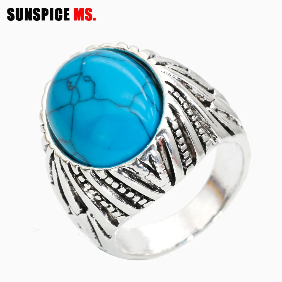 

SUNSPICE MS.Fashion Flower Band Oval Natural Stone Rings For Women Vintage Look Antique Silver Color Punk Jewelry Party Gifts