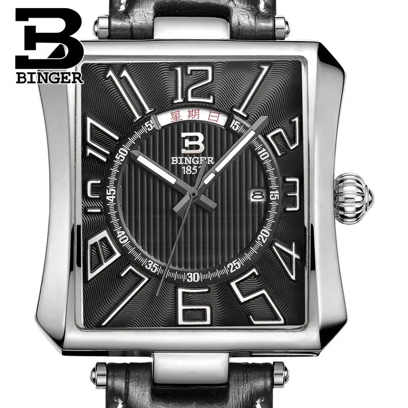 Швейцарские Бингер мужские часы люксовый бренд Tonneau кварцевые часы водонепроницаемые с кожаным ремешком Мужские наручные часы B3038-2