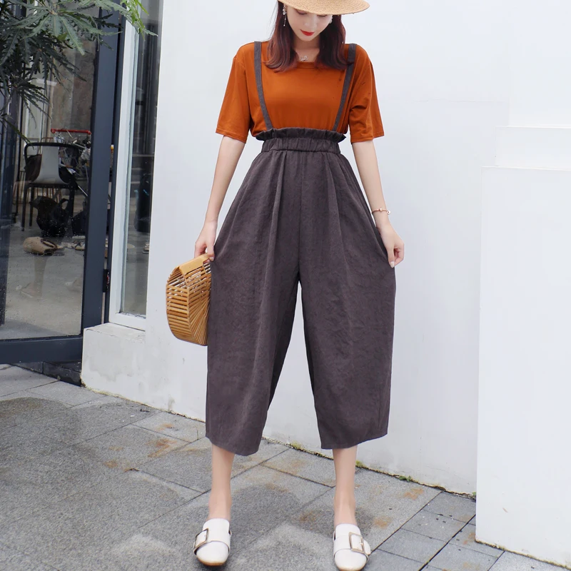 

2019 new summer thin section high waist flower pants pants ageing strap wide leg pants women loose wild nine pants