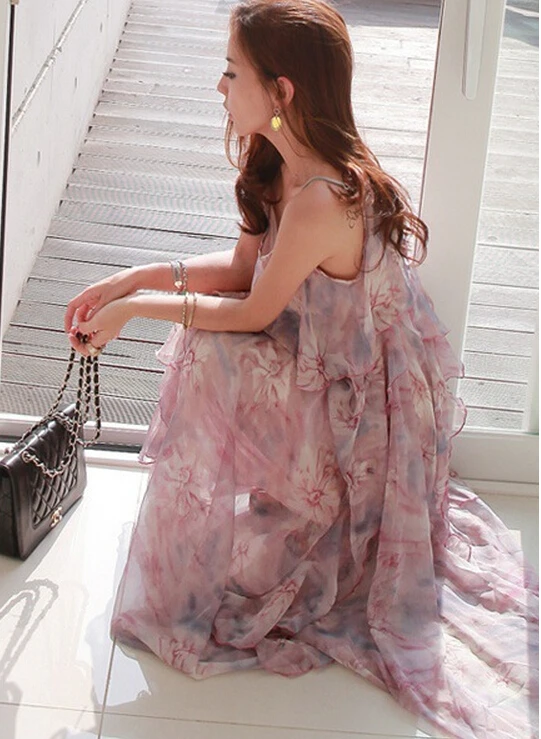 

Free Shipping Bohemian Style Summer New Arrival Lotus Leaf Flower Printed Off Shoulder Chiffon Long Dress