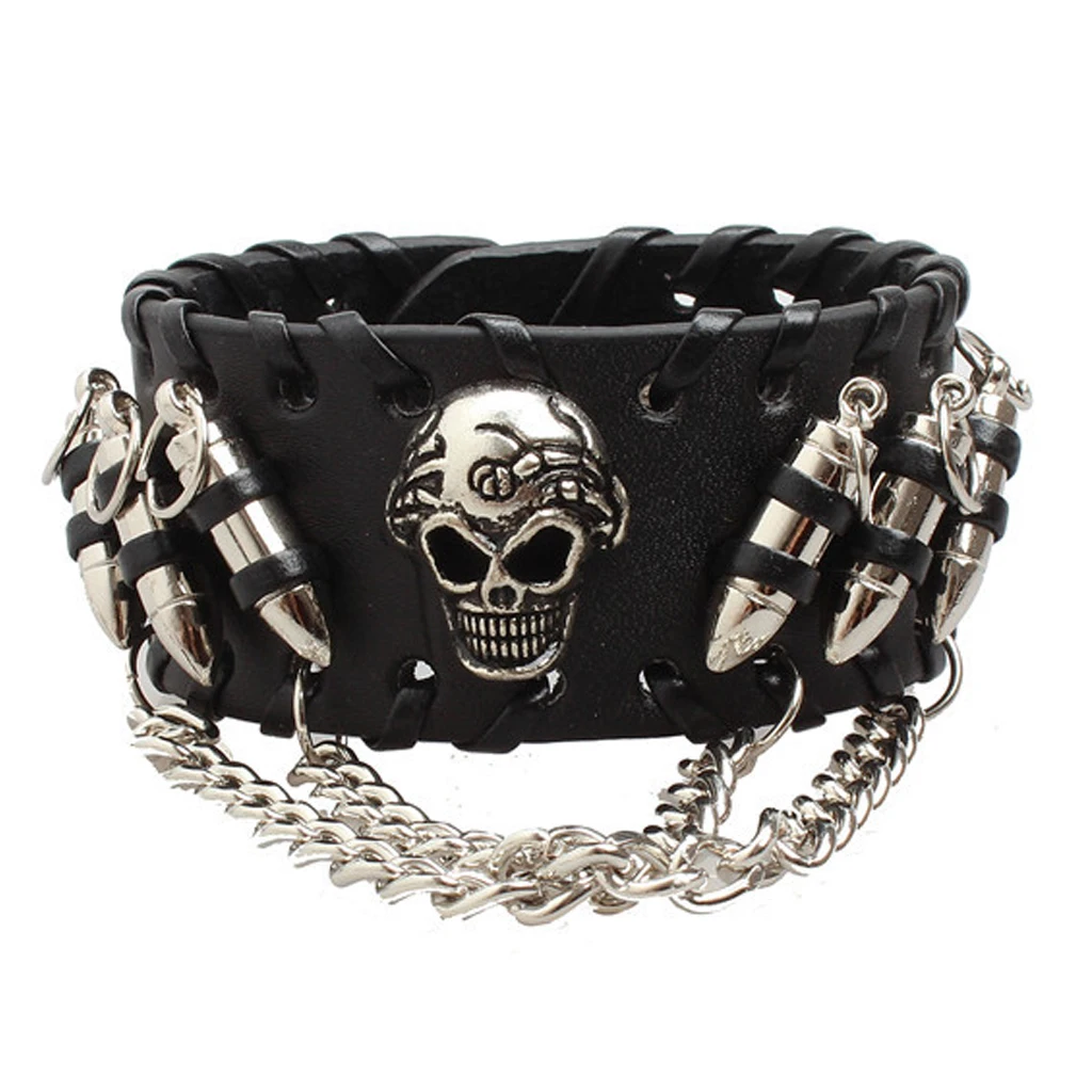 Punk Style Braclets for Men Women Black PU Leather Bangle Punk Skeleton Skull Wristband Bracelets Metal Chain