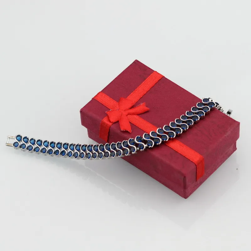 Высокое качество, накладные браслеты из стерлингового серебра 925 пробы с синим цирконием для женщин, подарочная коробка SL147