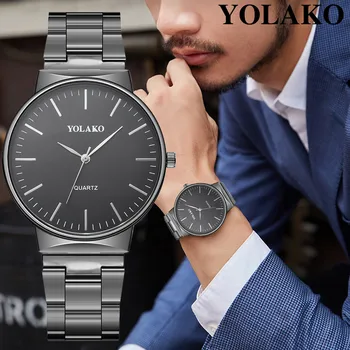 

YOLAKO Men's Watch Quartz Stainless Steel Band Newv Strap Analog Wrist Watch heren horloge watches mens 2019 saat erkekler