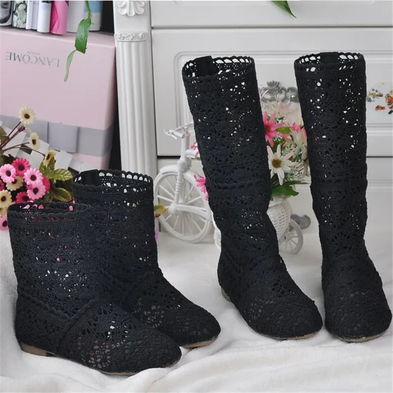Femininas de Malha Botas de Malha de Fundo Botas de Renda Primavera e Outono Sapatos com Calçados Oca para Primavera e Outono Botas Plano Tubo Alto Baixo Femininas Respiráveis 2021 - 17 Botas de cano médio