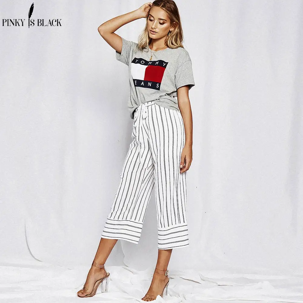 PinkyIsBlack Stripe split wide leg pants women bow tie sashes high waist trouser summer loose pants 2018 office female bottoms PinkyIsBlack Stripe split wide leg pants women bow tie sashes high waist trouser summer loose pants 2018 office female bottoms