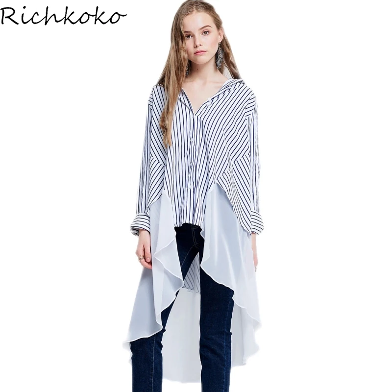 Richikoko Woman Sheer Long Sleeve Loose H-Line Shirt Irregular Hem Layered Contrast V-Neck Blouse |