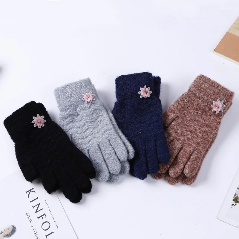 Женские модные перчатки с открытым указательным пальцем, вязаные перчатки для сенсорного экрана телефона, зимние женские кашемировые теплые перчатки с цветами на весь палец, A49