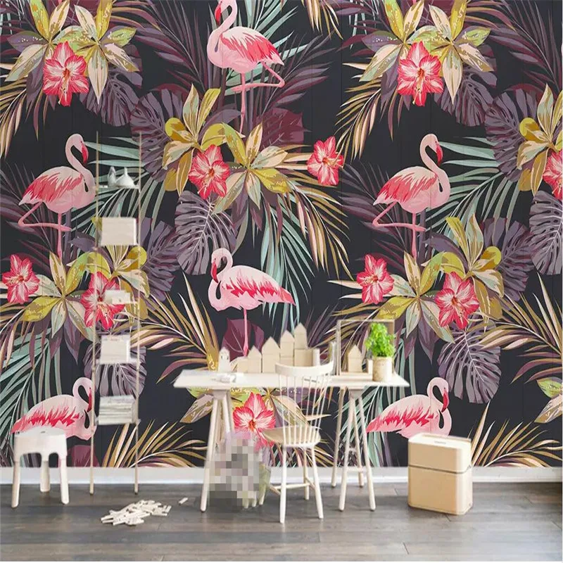 Фламинго тропический растительный фон стены профессионал изготовление росписи на заказ фото обои