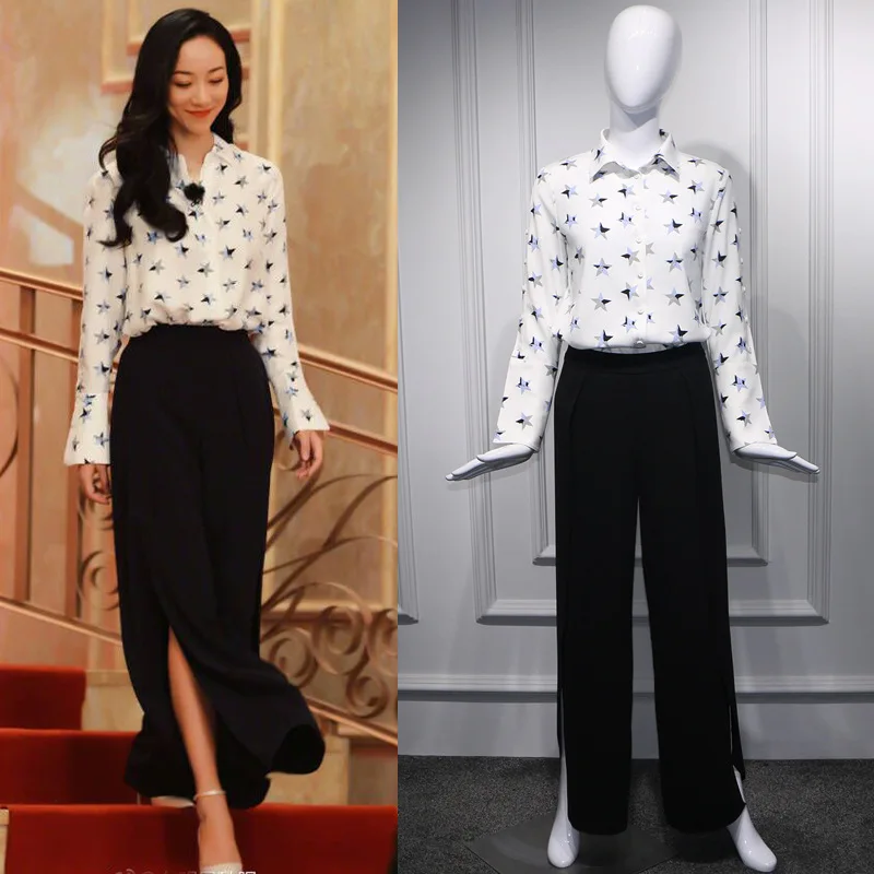 

Spring 2019 Hanxuemingxing Had The Same White Five-pointed Star Long-sleeve Shirt Turn-down Collar Print Chiffon Shirt Women
