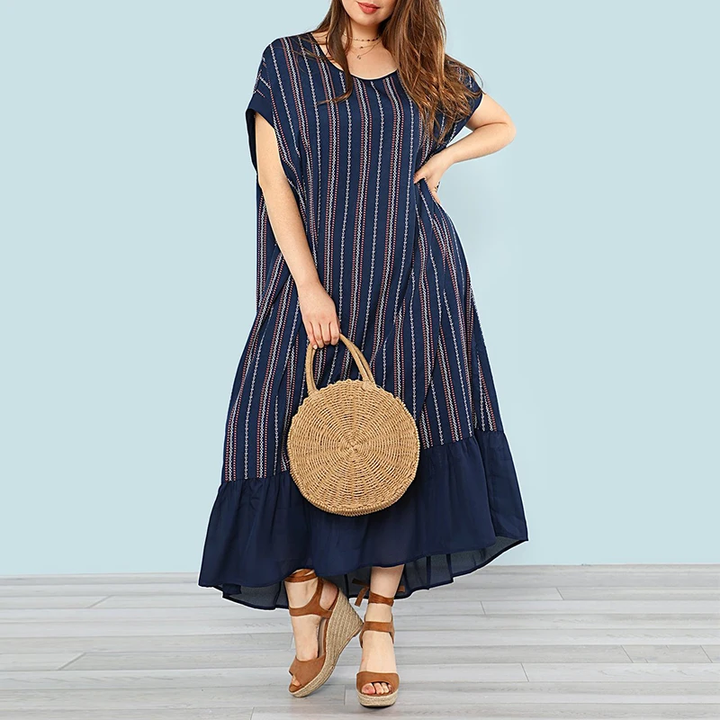 Striped Dress 2018 Summer Women Vintage Loose Maxi Long Dresses Female O Neck Batwing Sleeve Patchwork Plus Size Vestidos Dresses
