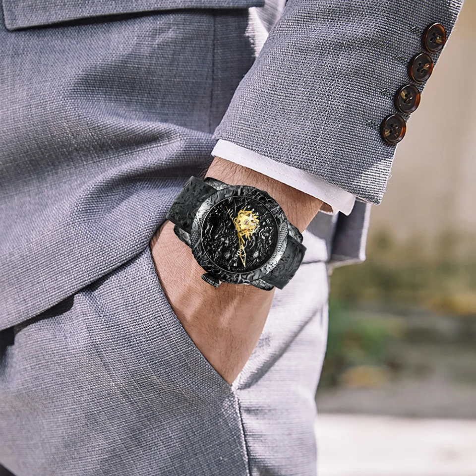 Men Mechanical Watch Men Big Watches Gold Full Black Wristwatch Creative 3D Sculpture Dragon Laser Engraved Male Hand Wind Clock