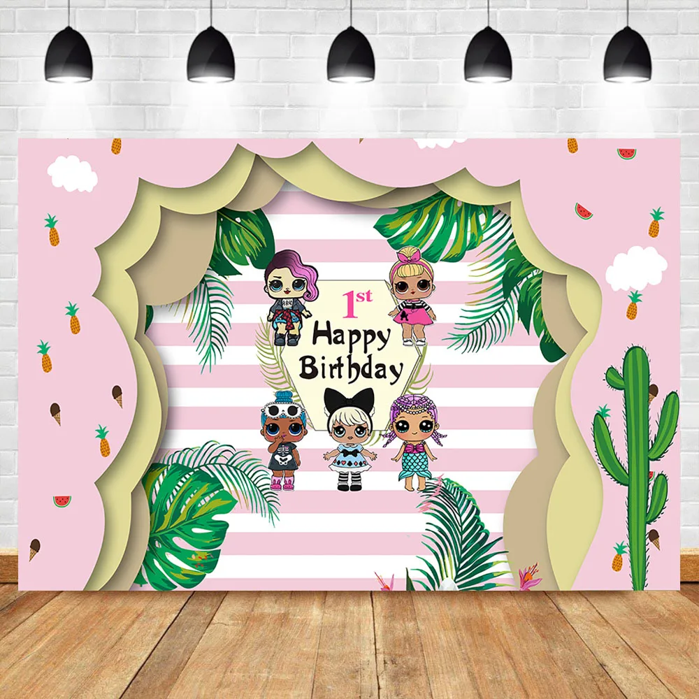

Cartoon 1th Birthday Photo Background Summer Watermelon Palm Leaf Photography Backdrops For Photo Studio