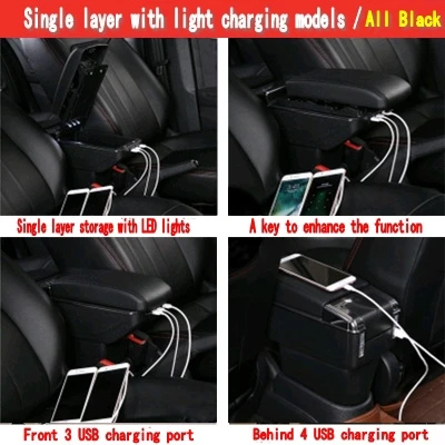 Single USB All black For Honda City armrest box PU Leather central Store content box cup holder interior car-styling products accessories 10-18 - Название цвета: Single USB All black