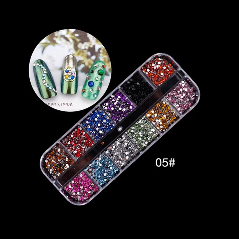 

1 Box Multi Size Glass Nail Rhinestones Mixed Colors Metal 3D Charm Gems DIY Manicure Nail Art Decorations