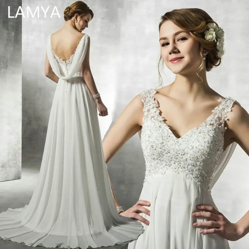 

LAMYA White Chiffon Backless Wedding Dresses 2019 Customized Beach Bridal Gown Elegant Sinple Lace Appliques Vestido De Noiva
