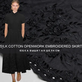

Pearlsilk Black Flowers Silk Cotton Embroidered Silk Materials Summer Dress DIY clothes fabrics Freeshipping