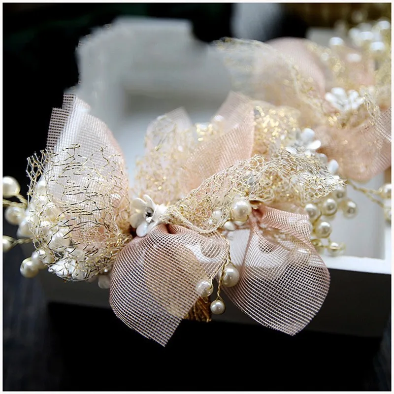 Великолепная Свадебная повязка на голову с розовым жемчугом и цветком из золотых бусин и листьев, украшение на голову с жемчугом, Хрустальная тиара, свадебные аксессуары