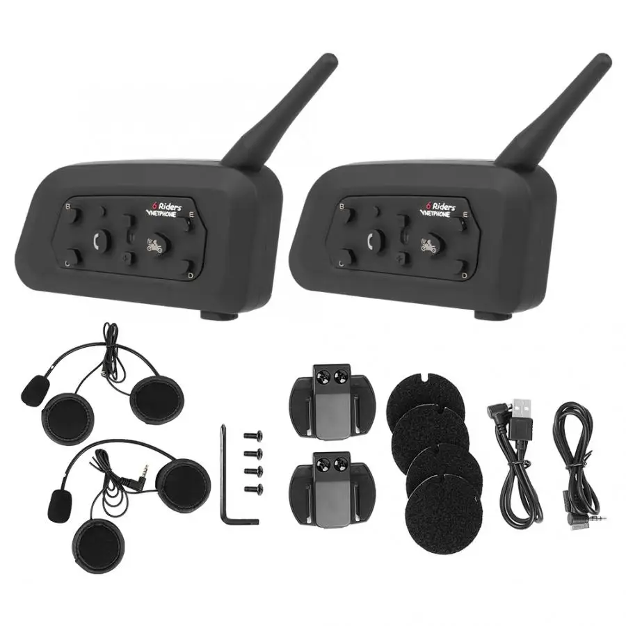 

helmet bluetooth headset 2pcs V6-1200 Motorcycle Helmet Wireless Bluetooth Intercom Hands Free Headphone for 6 People