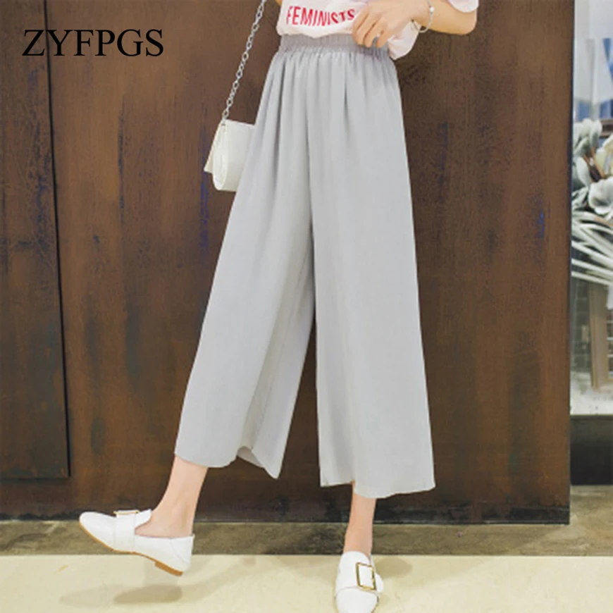 

ZYFPGS 2019 Summer Women's Straight Casual Pants Loose Nine Pants Large Size Cloth Pants Basic Sales Lattice Solid Z0710
