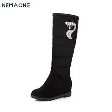 NEMAONE 2017 Fashion Elegant 2016 PU+Down Women Shoes Wedge Low Heel Mid Calf Snow Boots Women Motorcycle Boots