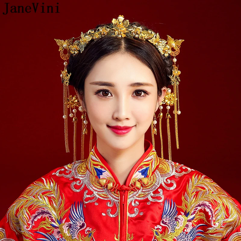 

JaneVini 2018 Chinese Vintage Wedding Bridal Hair Jewelry Accessories Gold Butterfly Ancient Bride Hair Tiaras Headband Hairpins