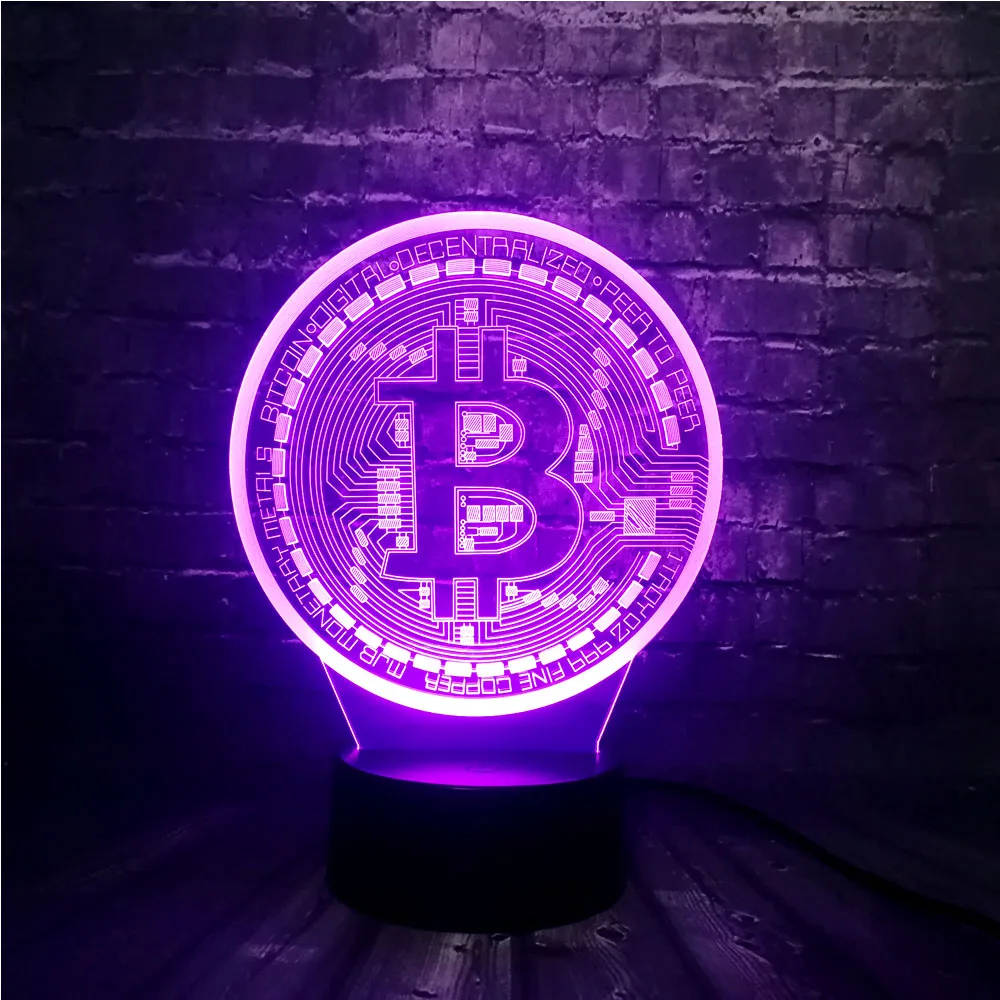 Новый 3D иллюзия LED 7 цветов Изменение USB База Блеск акриловая панель Биткоин декор