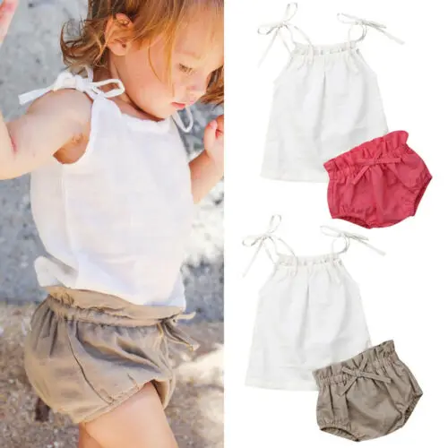 

Toddler Baby Girls Cotton Linen White Top Fashion Short Pants Sleeveless Solid Clothes Tops T-Shirt Shorts Summer Outfit Set
