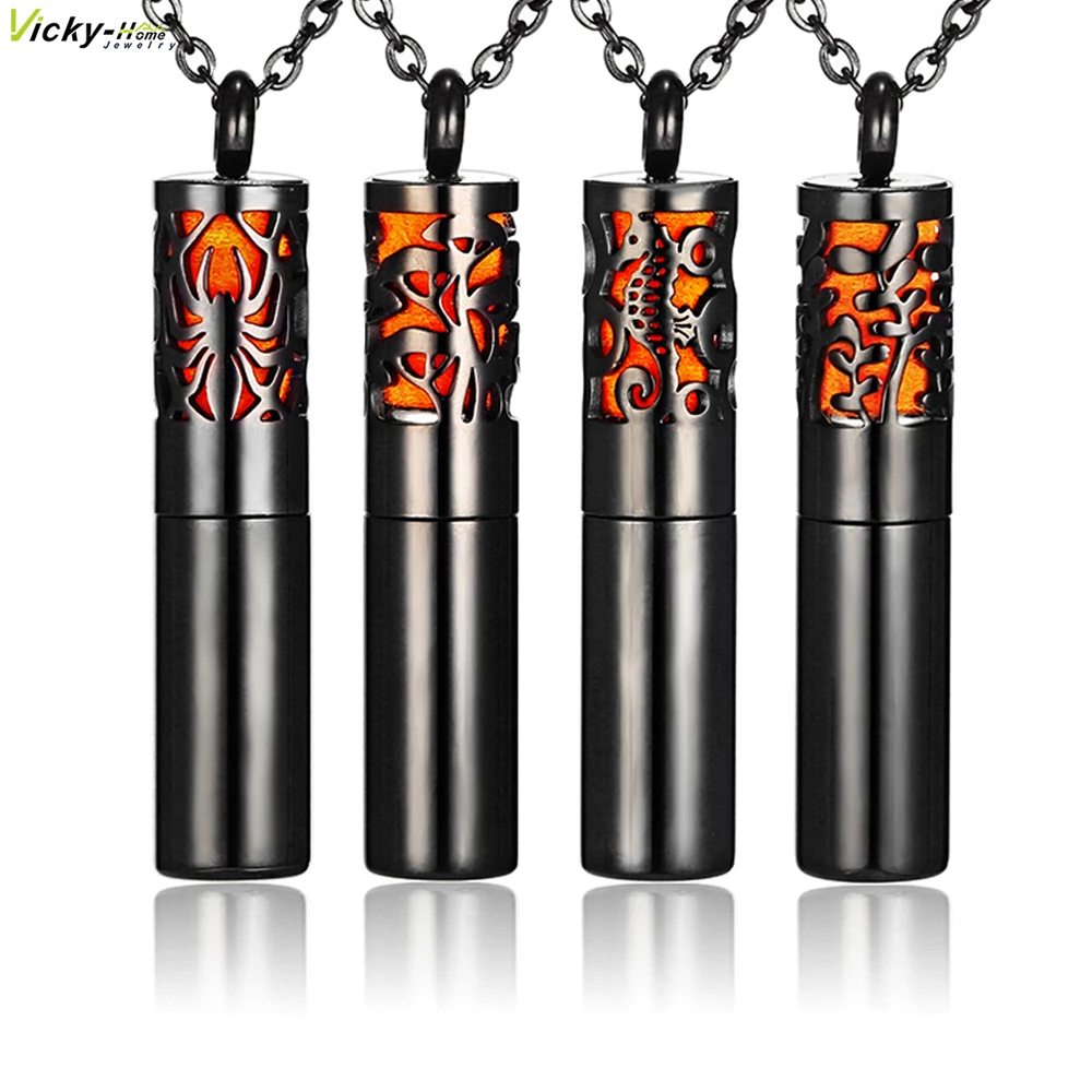 

Fashion Black Bottle Aromatherapy Diffuser Necklace Stainless Steel Perfume Vial Essential Oil Diffuser Pendant Locket Women Men