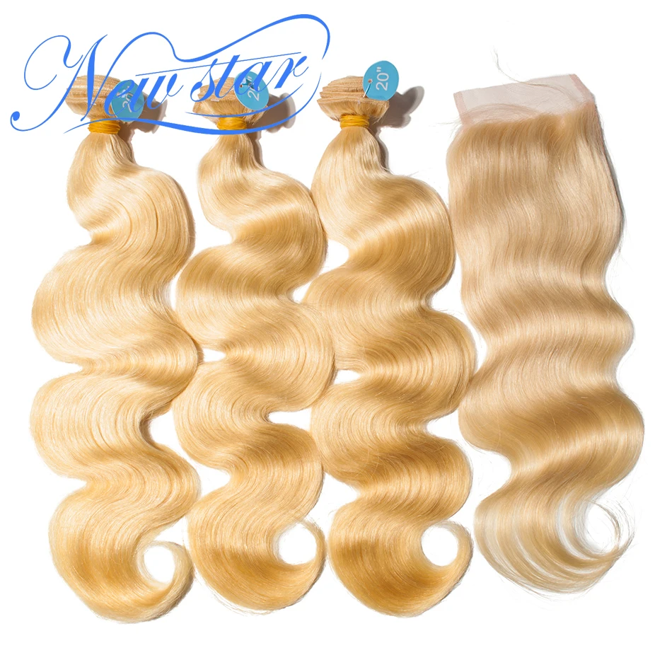 

New Star Hair Brazilian 613 Body Wave Bundles With Closure 100% Remy Human Hair 3Pcs Honey Blonde Extension And A 4x4 Closure