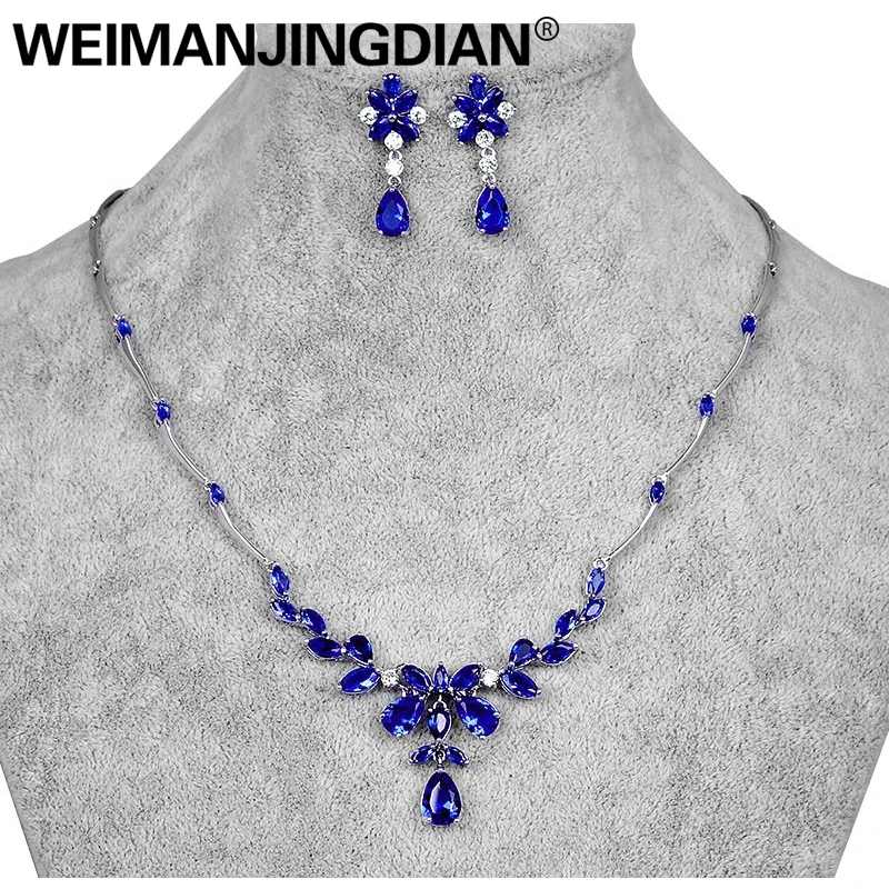 

WEIMANJINGDIAN Fuchsia / Blue / Green and Clear Cubic Zirconia CZ Wedding Necklace & Earring Elegant Set for Bride or Bridesmaid