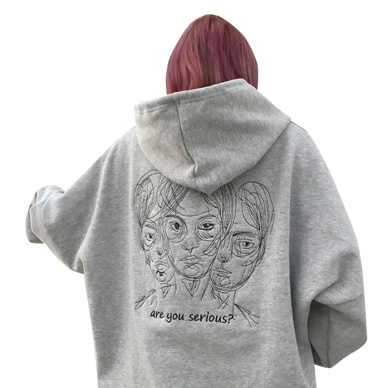  Lychee Harajuku Punk Autumn Winter Women Hooded Sweatshirt Head Embroidery Long Sleeve Casual Loose